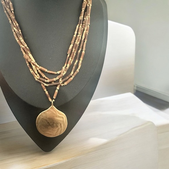 J. Jill Jewelry - J Jill Multi layer wood bead necklace with antique gold hammered pendant